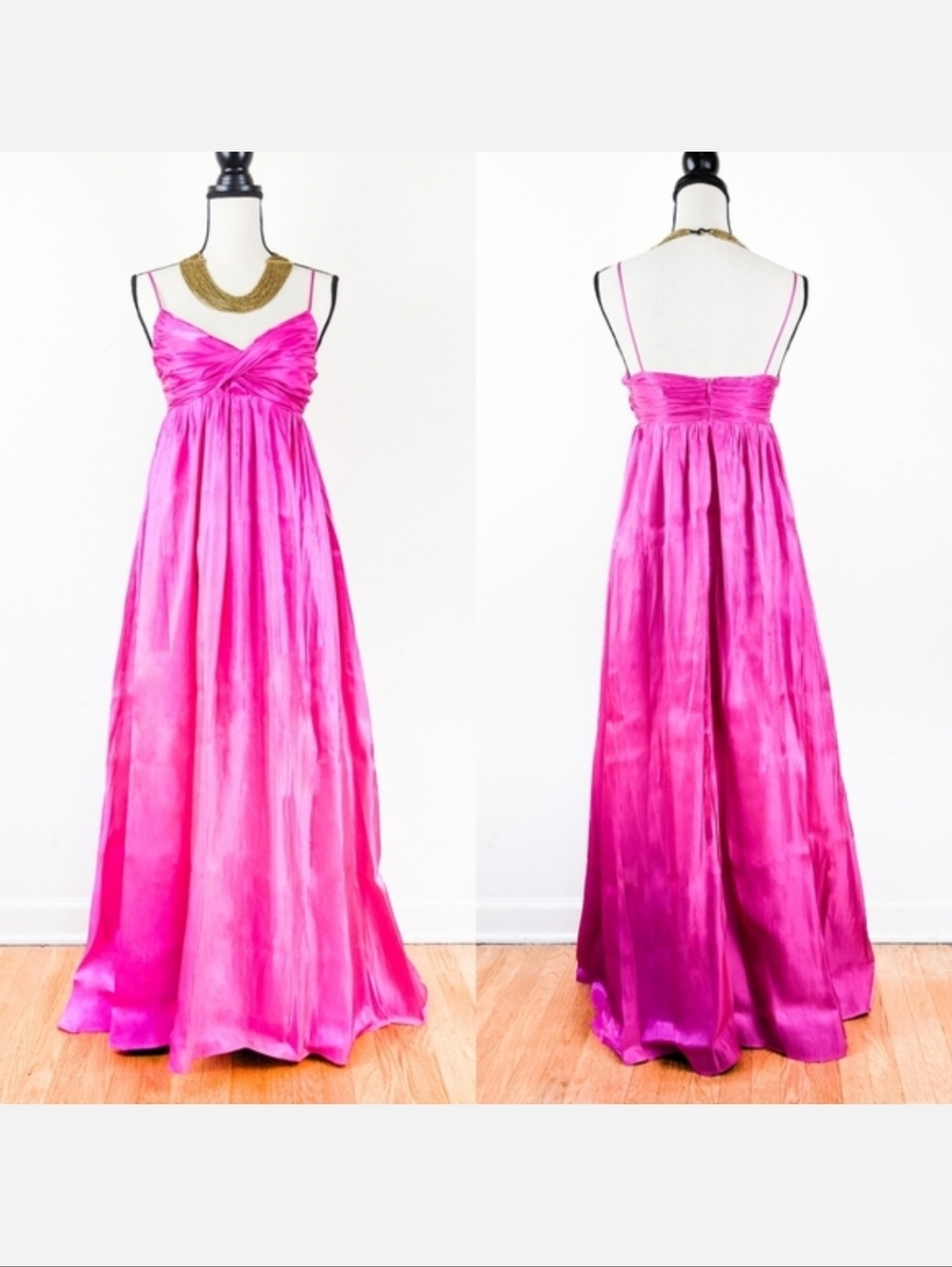 💜 NWT Storia Fuchsia Empire Waist Satin Crepe Gown, Size Small